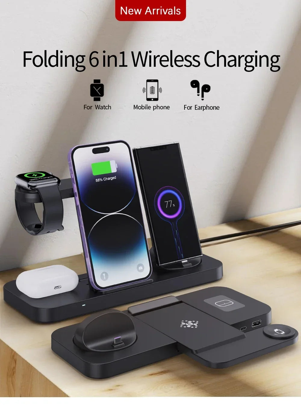 Foldable 6 In 1 Wireless Charger Stand For iPhone 15 14 13 12 11 X Apple Watch 8 7 6 5 4 3 2 Airpods Fast Charging Dock Station