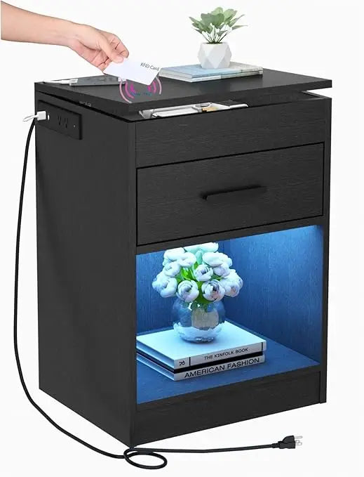Nightstand with Charging Station and LED Lights, Concealment Furniture with RFID Lock Cabinet and Power Outlets, Bedside Table w