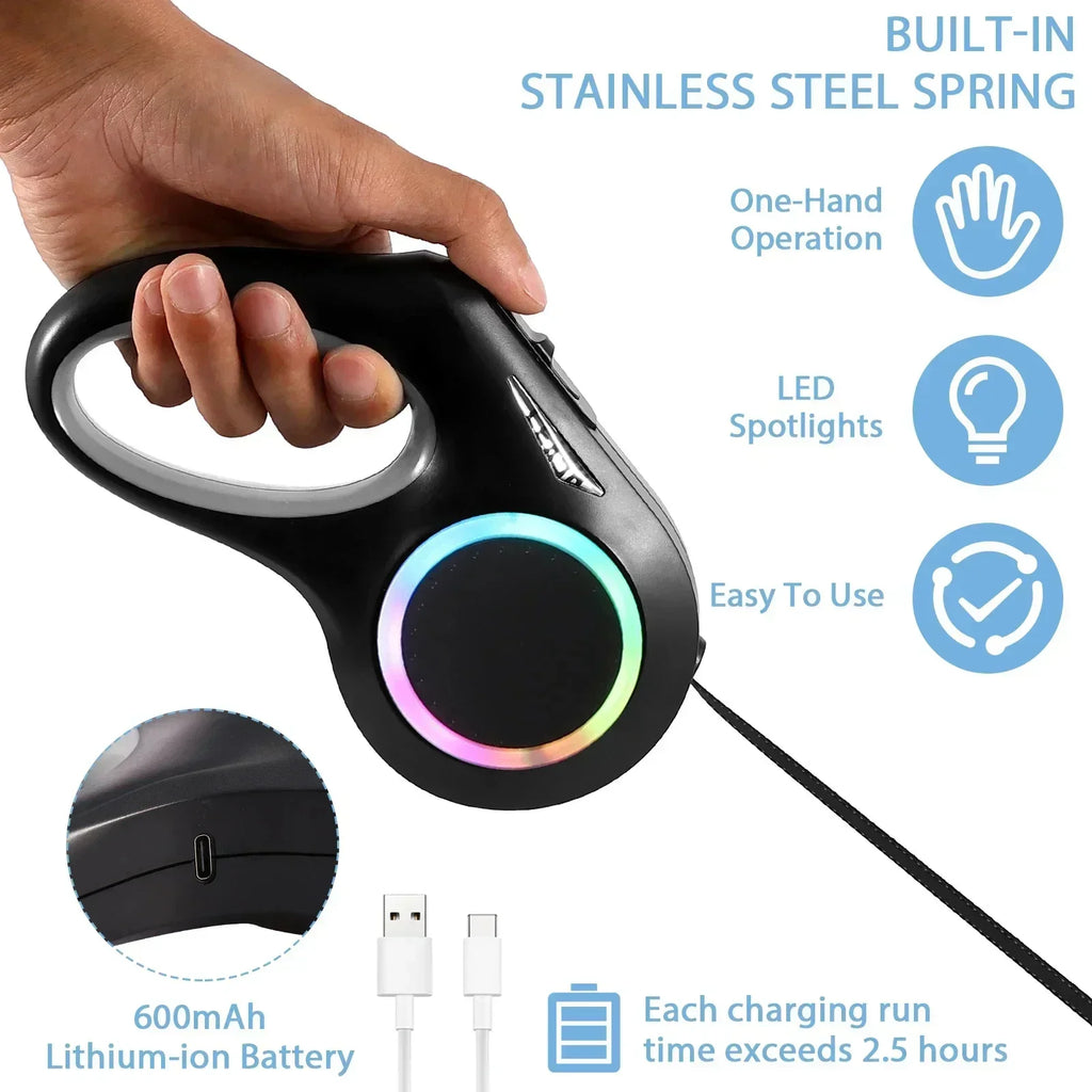 5m LED Flashlight Dog Leash Automatic Retractable Pet Luminous Straps Puppy Walking Night Outdoor Walking Non-Slip Handle