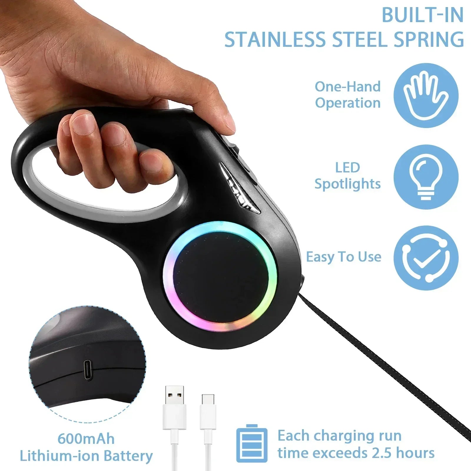 5m LED Flashlight Dog Leash Automatic Retractable Pet Luminous Straps Puppy Walking Night Outdoor Walking Non-Slip Handle