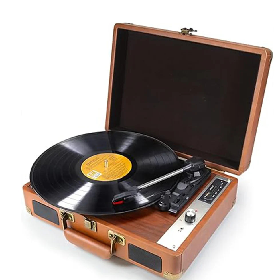 Vinyl Record Player P01，3-Speed Bluetooth Suitcase Portable Belt-Driven Record Player with Built-in Speakers RCA Out AUX in