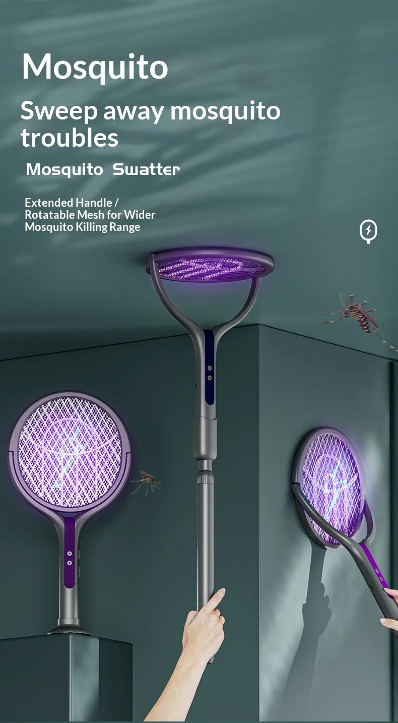 Rotating Head Bug Zapper Racket Rechargeable Electric Fly Swatter Fly Killer and Mosquito Trap Lamp for Indoor and Outdoor