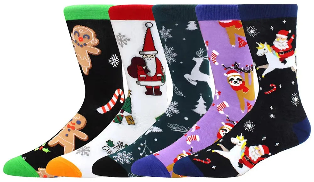 5 pairs Men Christmas Socks Funny Xmas Santa Claus Tree Snowflake Elk Snow Cotton Medium tube Happy Sock Men New Year Sokken