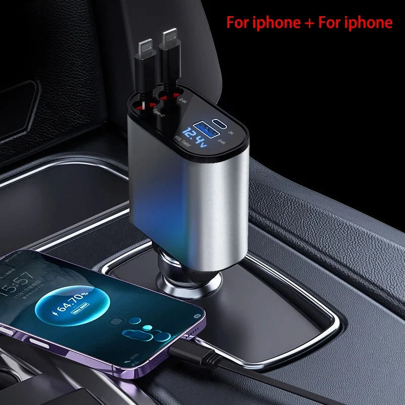 100W 4 IN 1 Retractable Car Charger USB Type C Cable For IPhone Fast Cord Cigarette Lighter Adapter X4W3