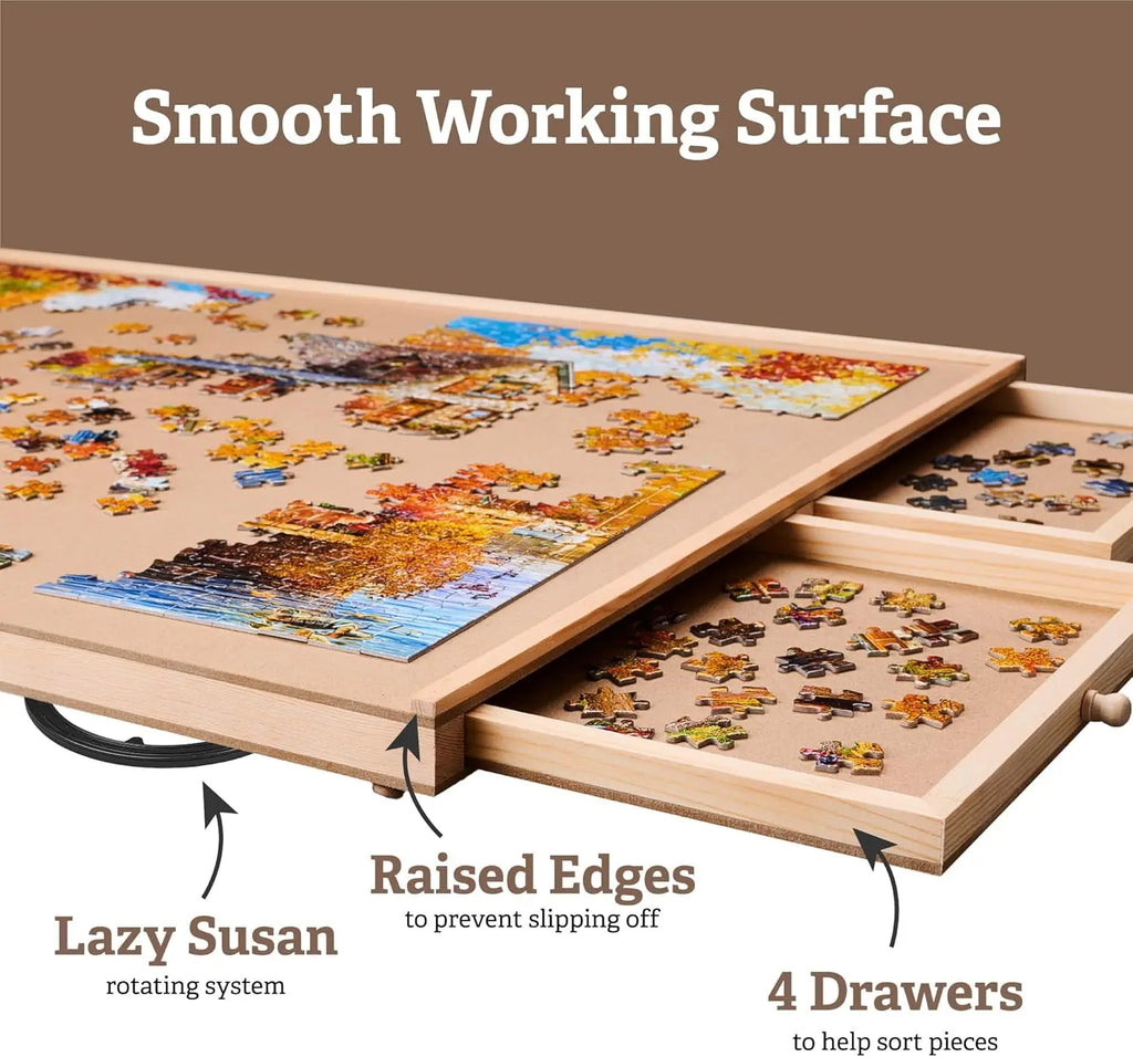 1500 Pieces Rotating Puzzle Board with 6 Storage Drawers & Protective Cover - Wooden Jigsaw Puzzle Table for 1500 Pieces - for F