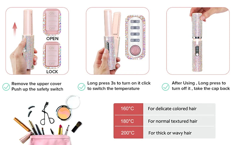 2-IN-1 Electric USB Hair Straightener Curler Fashion Colored Diamond  Design Wireless Travel Hair Straightening Styler Brush