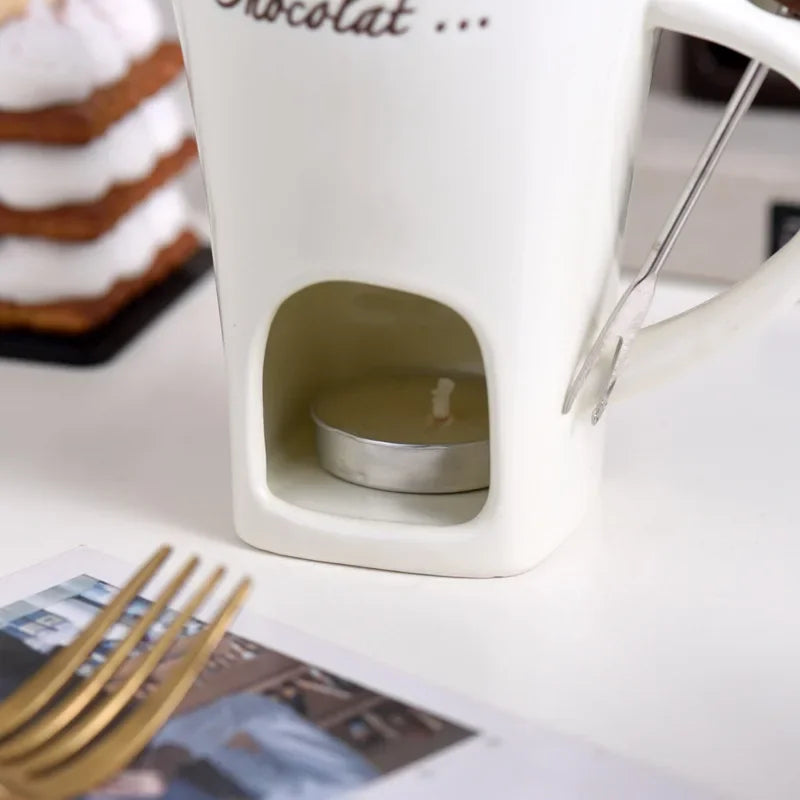 130ml Ceramic Chocolate Fondue Cup with Fork European Candle Heating Mug Creative Food Warmer for Cheese Coffee