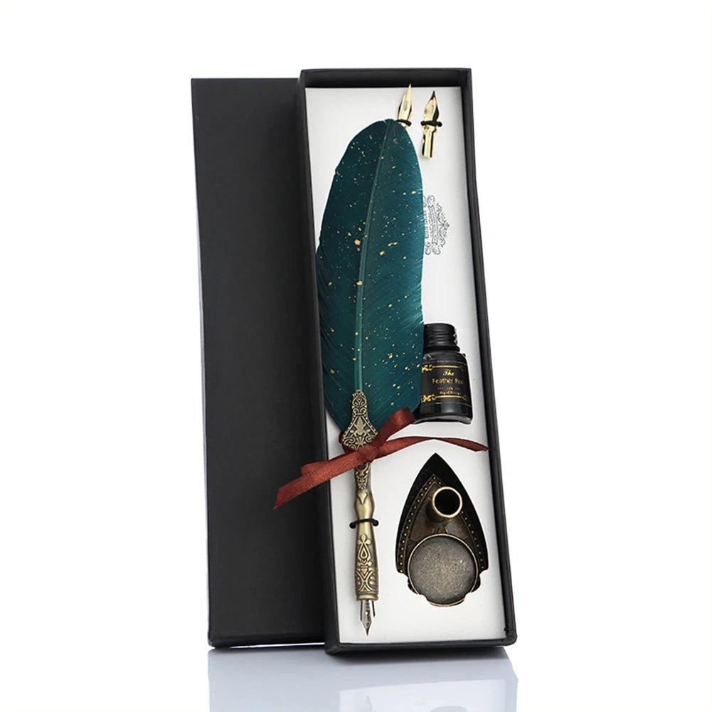 1 Set Retro Calligraphy Feather Dip Pen with 2 Nib Set Quill Fountain Writing Creative Vintage Stationery Gift Box no ink