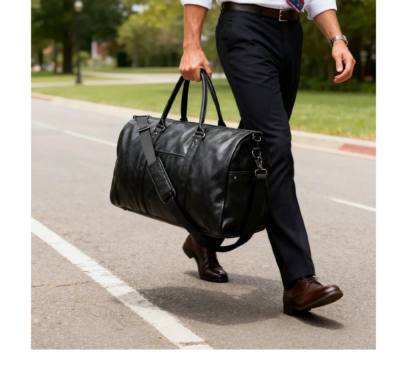 2025 New Men's Large Capacity Leather Waterproof Weekend Travel Business Convertible Suit Bag 2 in 1 Hand Carry-on Luggage Bag