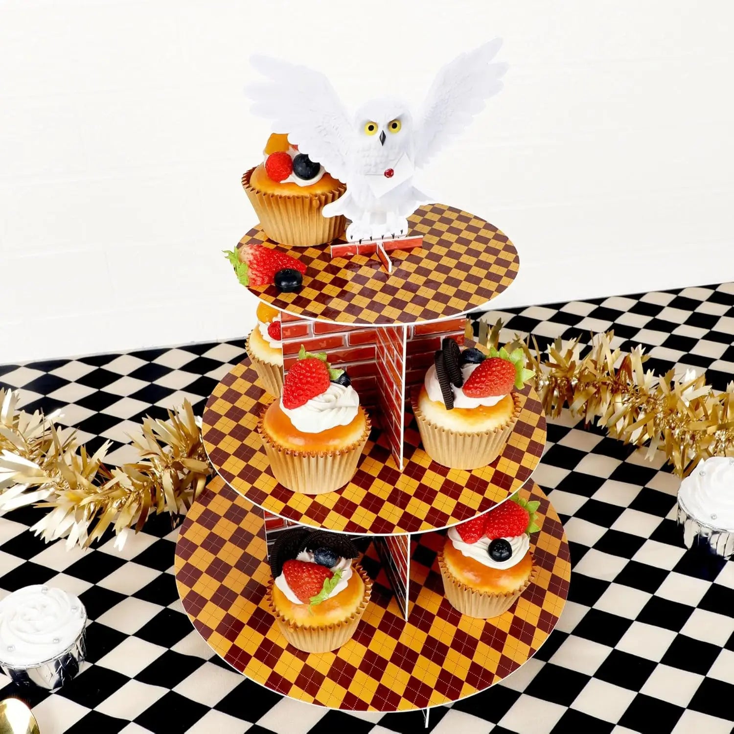 Magical Wizard Cupcake Holder, 3-Tier Snow Owl Theme Cardboard Cupcake Stand, Dessert Tower Display Birthday Party Supplies Deco