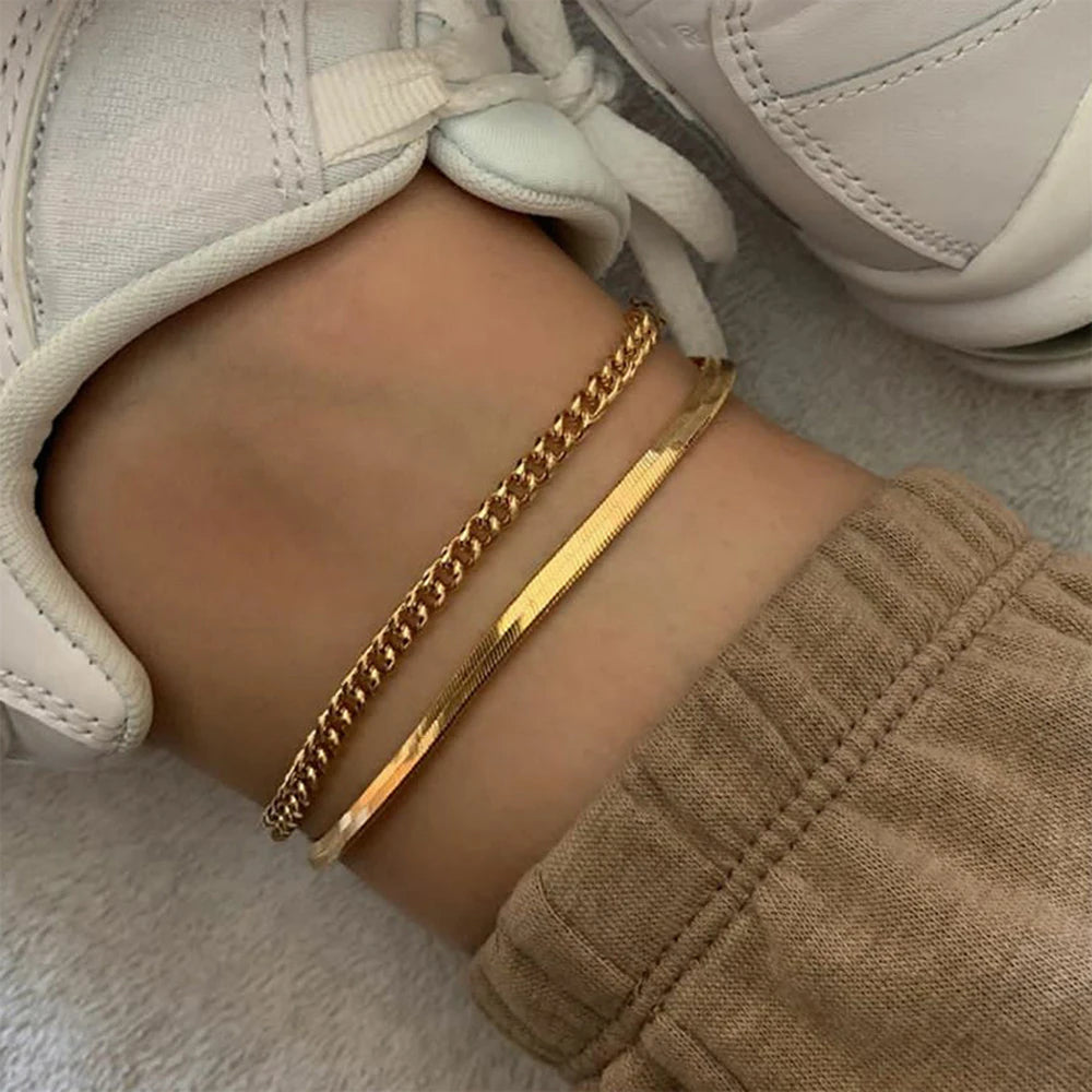 SUNIBI Stainless Steel Snake Chain Anklet for Women Summer Beach Gold Color Anklets Fashion Jewelry Dropshipping Wholesale