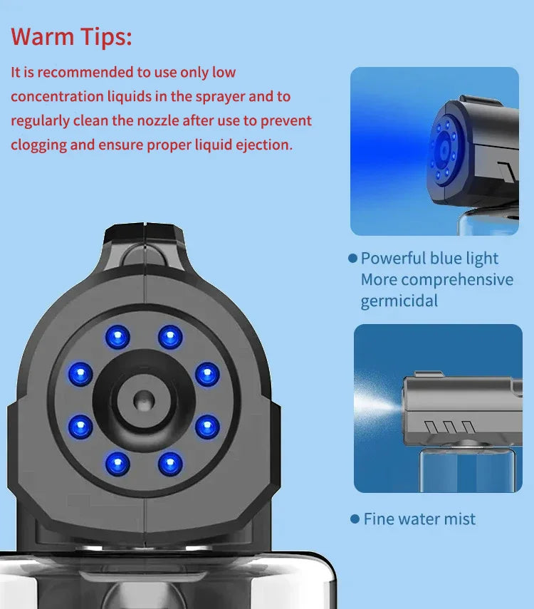 NEW Style 280Ml Barber Sprayer Bottle Wireless Electric USB Nano Blue Light Steam Spray Gun Garden House