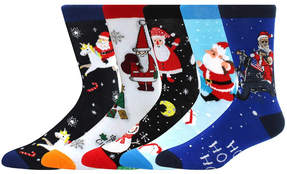 5 pairs Men Christmas Socks Funny Xmas Santa Claus Tree Snowflake Elk Snow Cotton Medium tube Happy Sock Men New Year Sokken