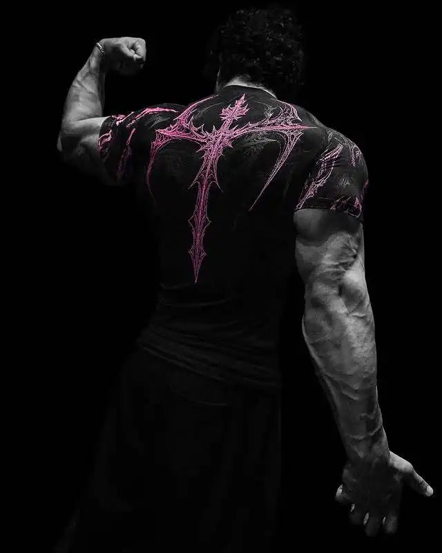 GYM T-shirt Men's Dark Gothic Print Muscle Tee  High Elasticity And Quick Drying Exercise For Bodybuilding Training 2025 Summer