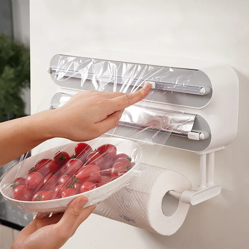 Large Food Cling Film Dispenser 4 In 1 Wall-Mounted Plastic Wrap Cutter Aluminium Foil Dispenser Kitchen Accessories Organizer