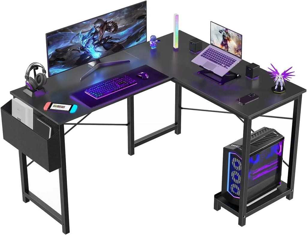 L-Shaped Gaming Desk with CPU Stand and Side Bag, Black, 50-Inch for Home Office Dorm