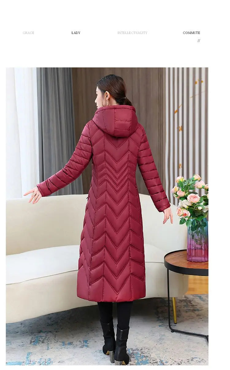 2025 NEW Winter Hooded Down Jacket 5XL Women's Warm Parka Fashion Down Cotton Women Long Coat Slim Temperament Female Overcoat