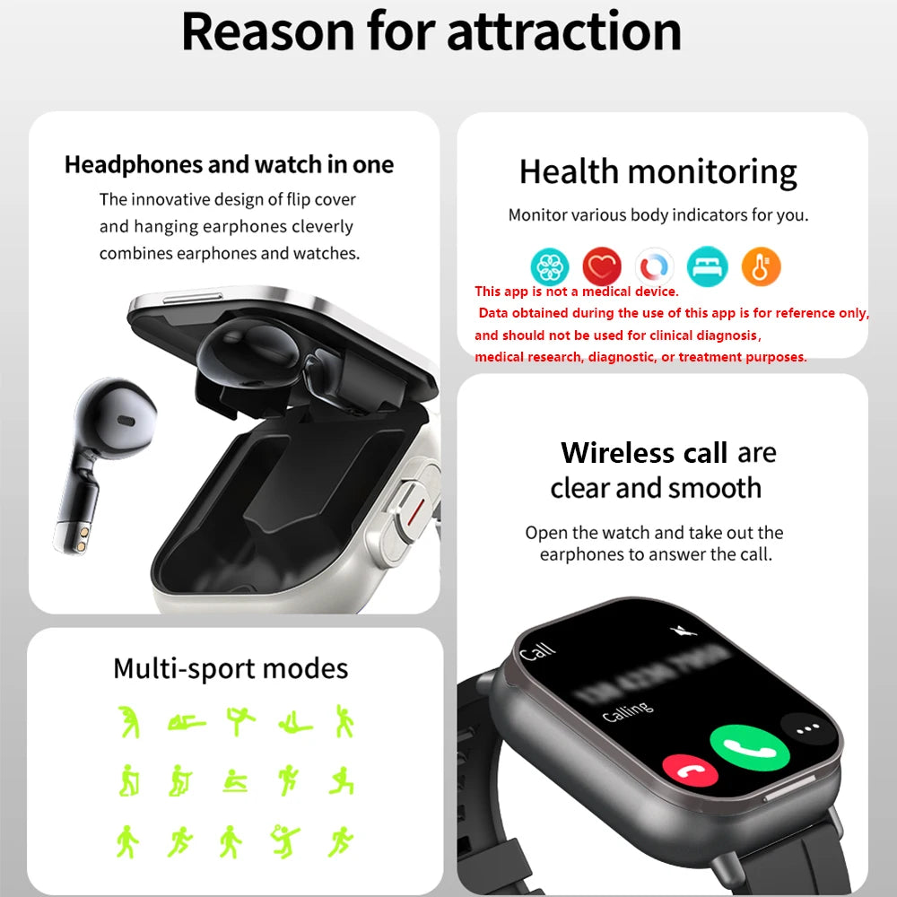 2026 New Smartwatch TWS Earphone 2.01' Bluetooth Call Heart Rate Monitor Sport Fitness Tracker 2 in 1 Smart Watch Headset