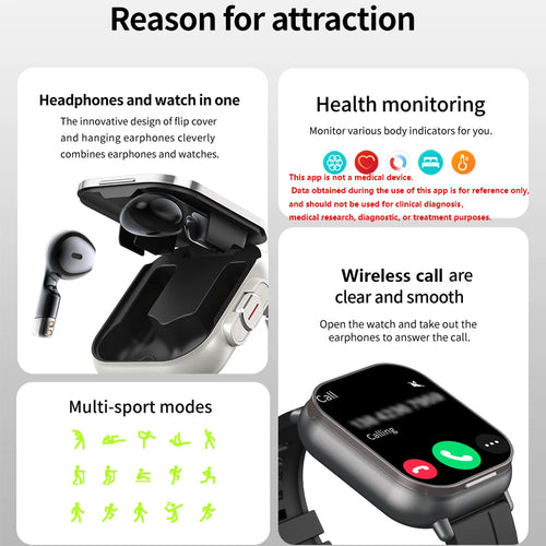 2026 New Smartwatch TWS Earphone 2.01' Bluetooth Call Heart Rate Monitor Sport Fitness Tracker 2 in 1 Smart Watch Headset