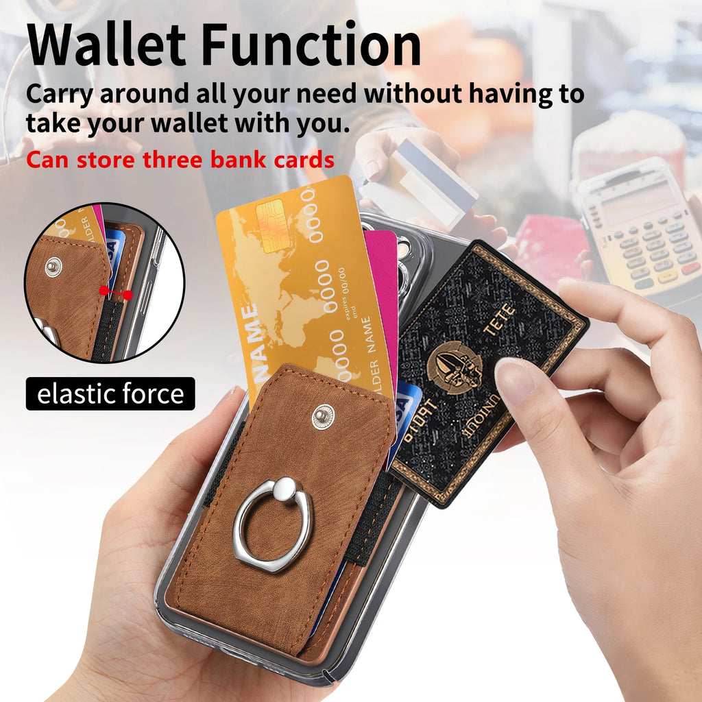 Phone Holder Wallet Case Card Slot Holder PU Leather Back Sticker Adhesives With Ring Stand For Mobile Phone iPhone Samsung