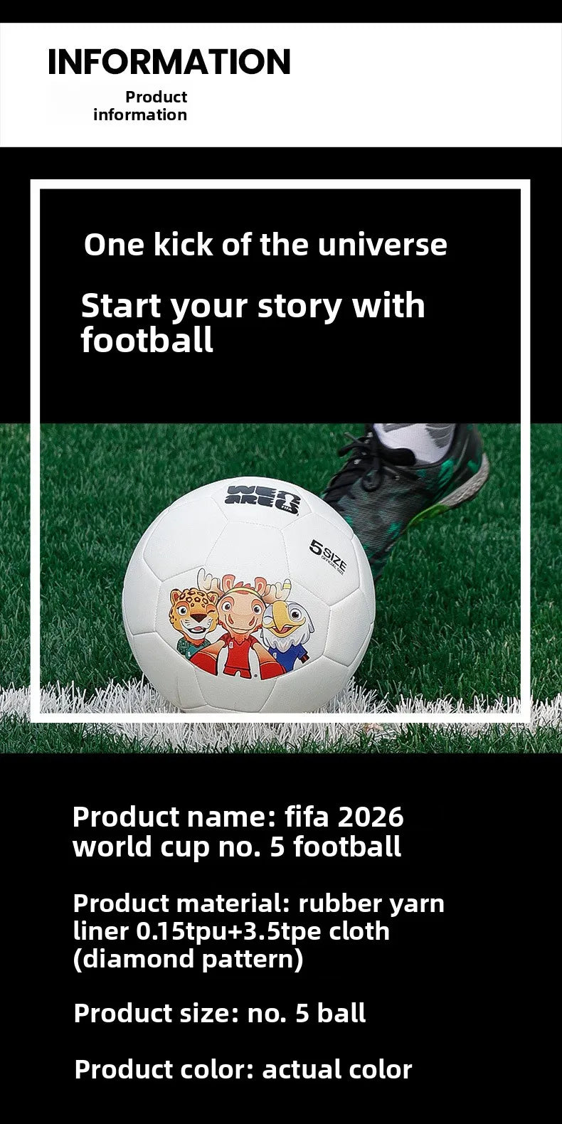 FIFA 2026 World Cup USA Canada Mexico Size 5 Soccer Ball Official Match Training for Adults Youth Students Wear-Resistant PU