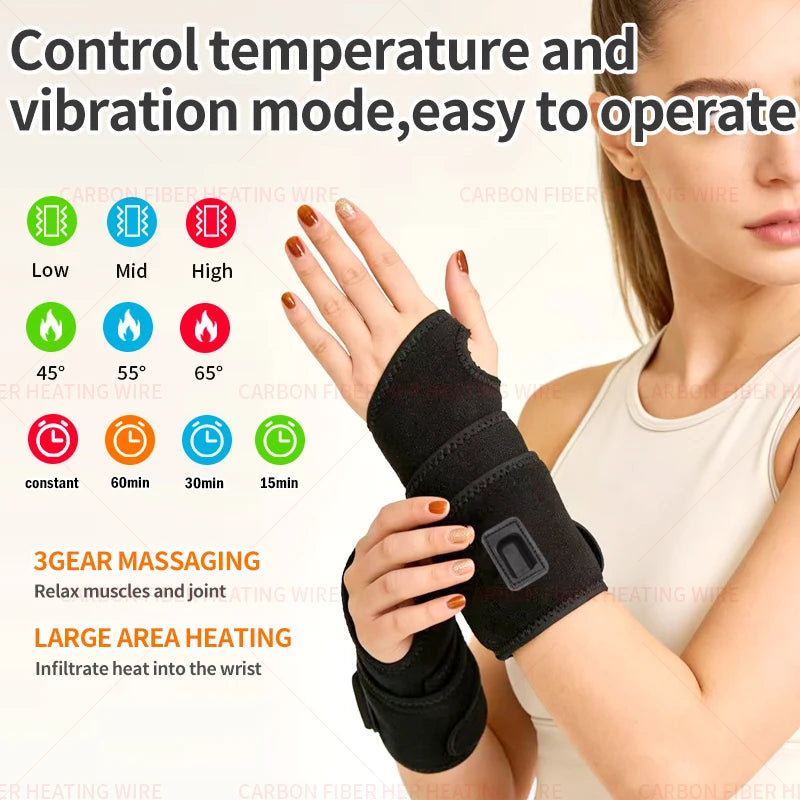 Carbon Fiber Heated Wrist Brace with Vibration Massager Relieves Arthritis, Tenosynovitis, Wrist Joint Sports Strain Recovery