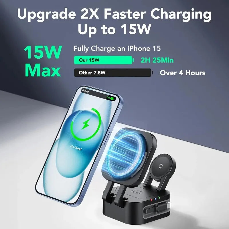 Magnetic 3 in 1 Wireless Charger Station With Extension Cords for iPhone 17 16 15 14 13 12 iWatch 11-2 Airpods Pro Fast Charging