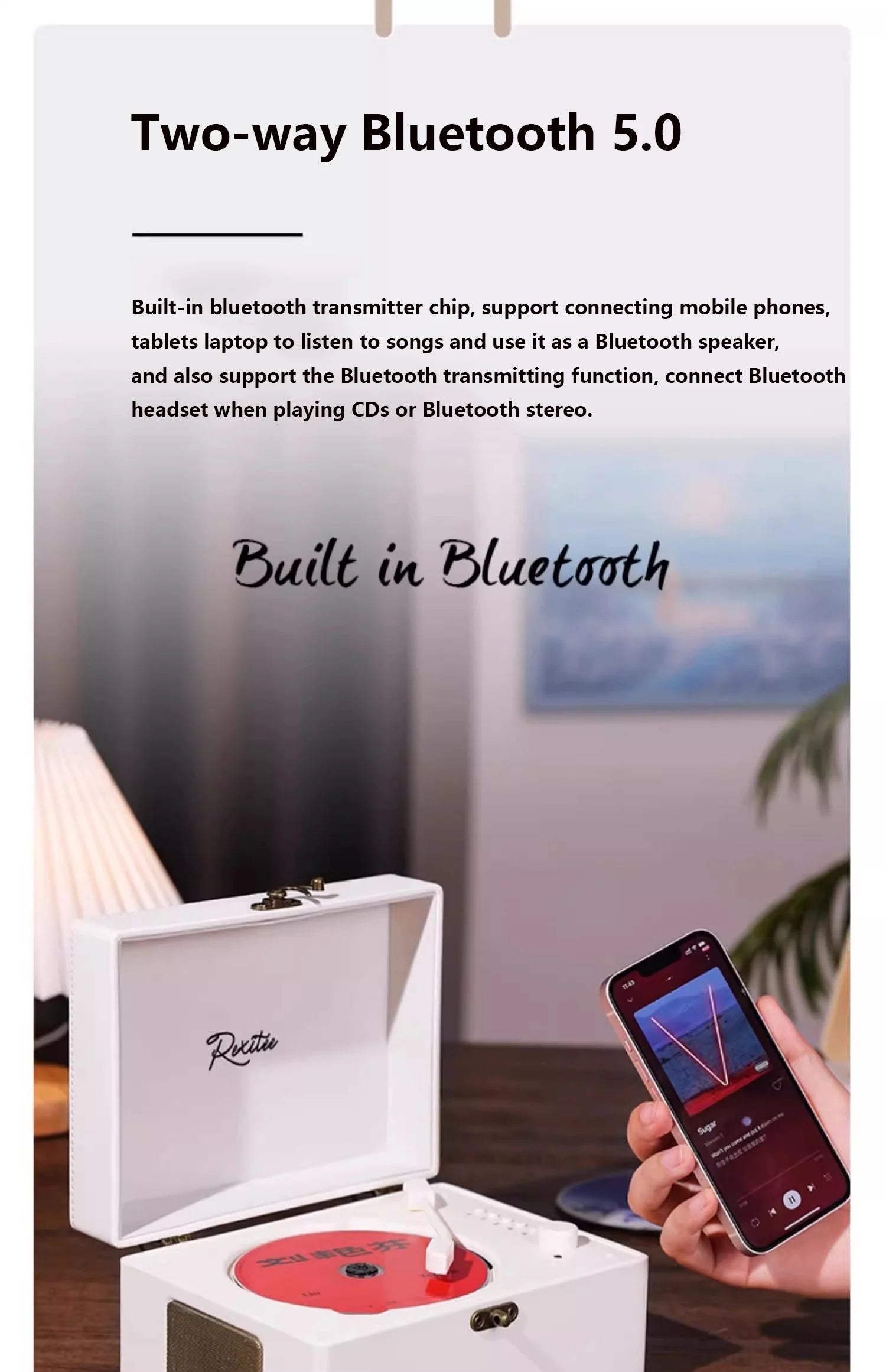Vintage Leather CD Player Two-way Bluetooth 5.0 Built-in Speaker Portable Rechargeable CD Music Player USB Lossless Player