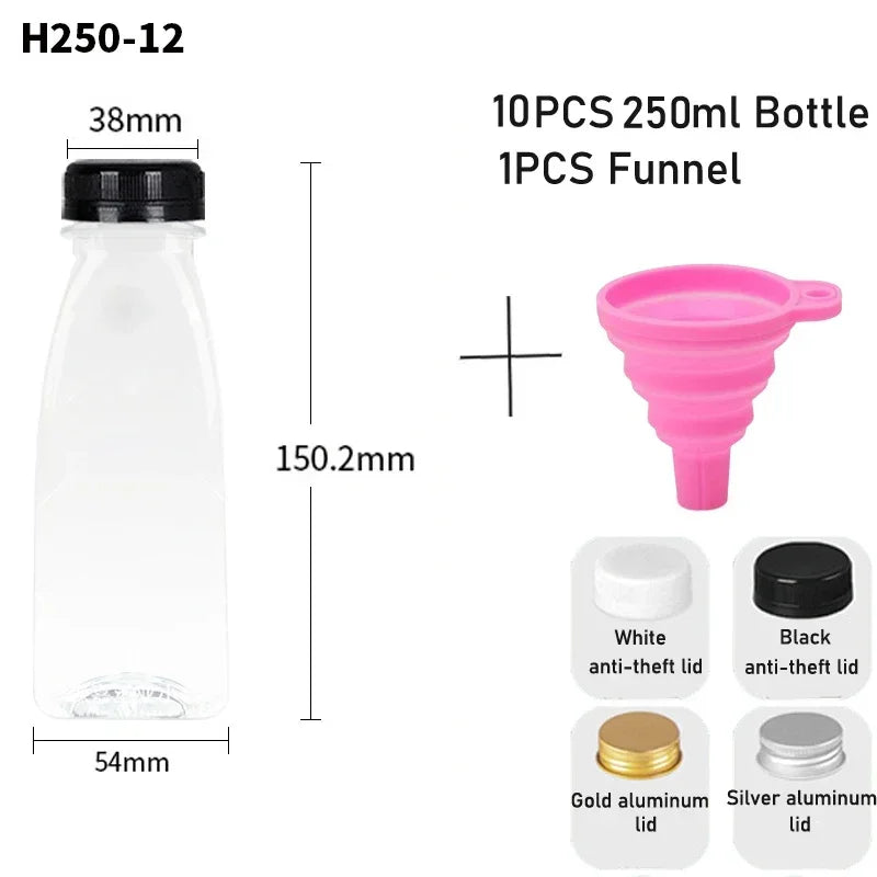 10pcs 60ML-500ML Clear Empty Plastic Juice Bottles with Caps Reusable Water Bottle Juicing Smoothie Containers W/ Funnel