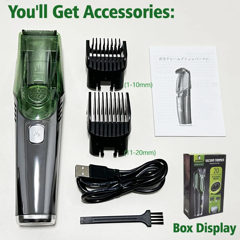 Vacuum Body Hair Trimmer for Men, Mustache Trimmer with 20 Length and Styles Adjustable, Built-in Vacuum Trimmer for Mustache