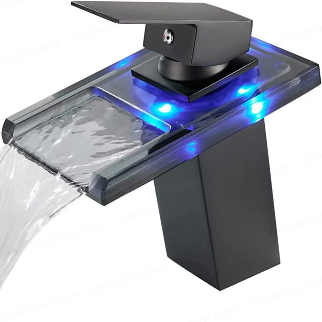 Luxury LED Color Changing Waterfall Basin Sink Faucet Led Light Polished Tap Basin Deck Mounted Sink Mixers 3 Colors Change