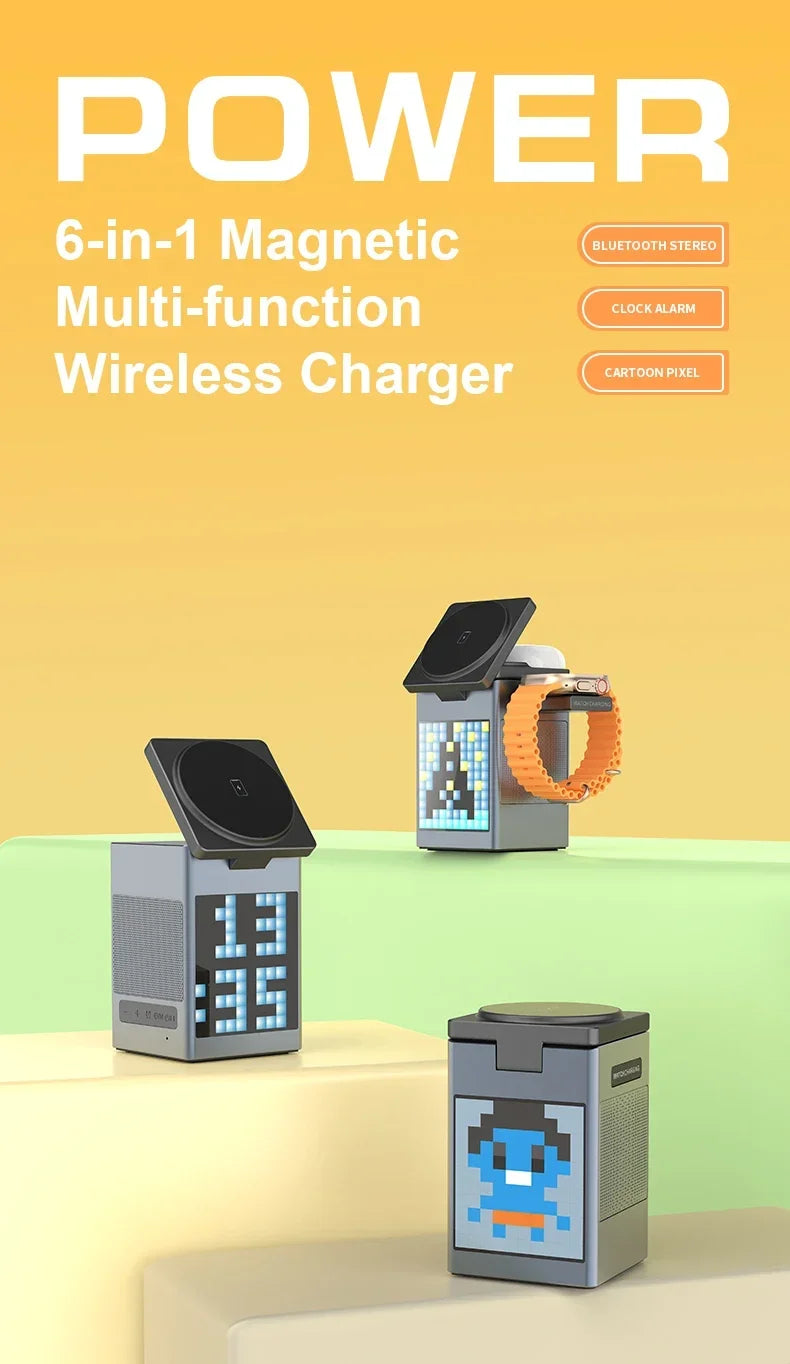 6 in 1 Magnetic Multi-function Wireless Charger with Bluetooth Speaker Alarm Clock for Iphone 16 15 Pro Max for Airpods Iwatch