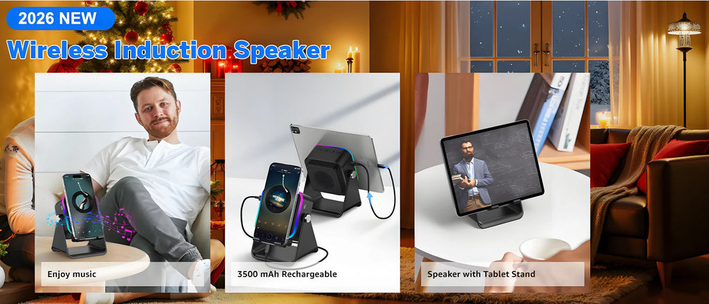 NEW 5 In 1 Auto-induction Wireless Induction Speaker 8 Mode RGB Light Phone Stand Surround Sound Portable Bluetooth Phone Holder