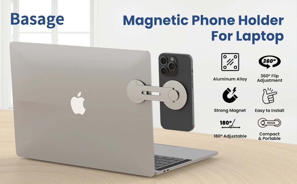 Continuity Flip iPhone Laptop Mount, Slim Magnetic Phone Holder Swivels 180° for Laptops and Monitors, Adjustable Magnetic Arm