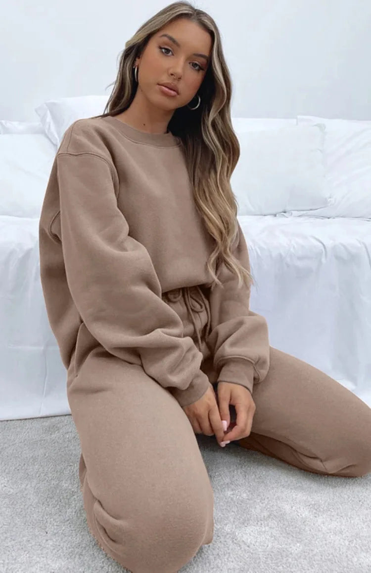 Осение Женские Костюмы Women's Winter Warm Suit Round Neck Solid Color Long Sleeve Pullover Sweatshirt Sweatpants Штаны Женские