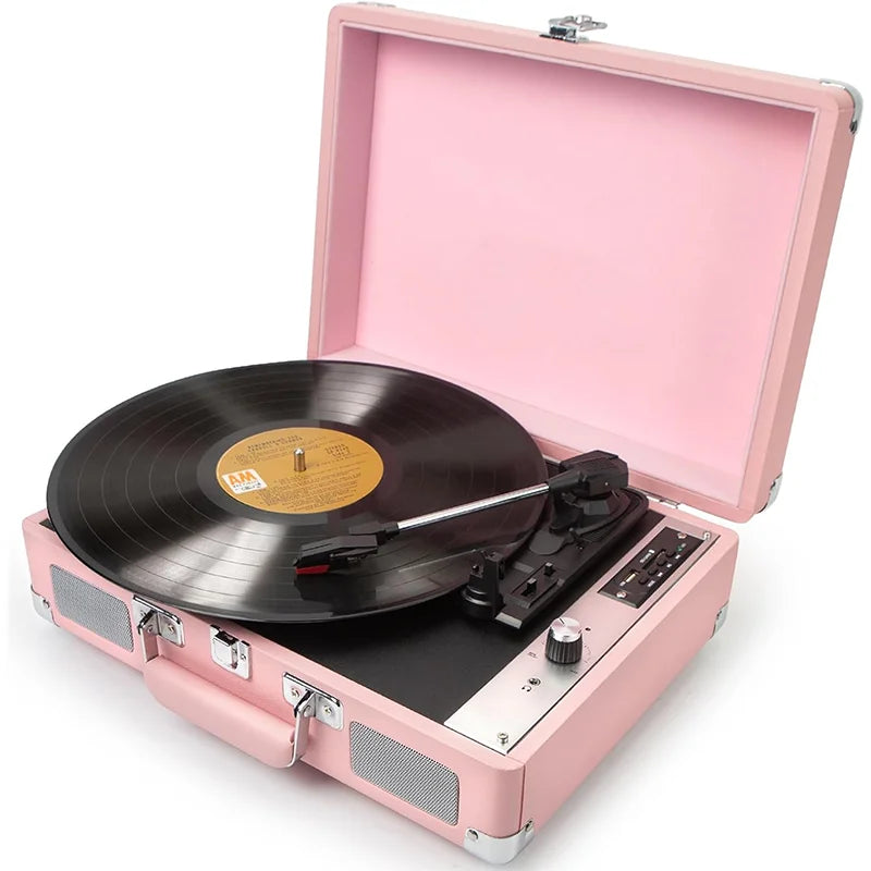 Vinyl Record Player P01，3-Speed Bluetooth Suitcase Portable Belt-Driven Record Player with Built-in Speakers RCA Out AUX in