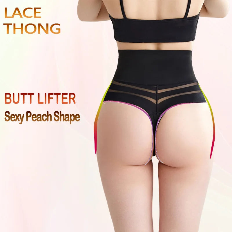 Women's High Waist Thong Style Shapewear Tummy Control Waist Trainer Hip Lift Body Shaping Pants Plus Size Striped Mesh Thong