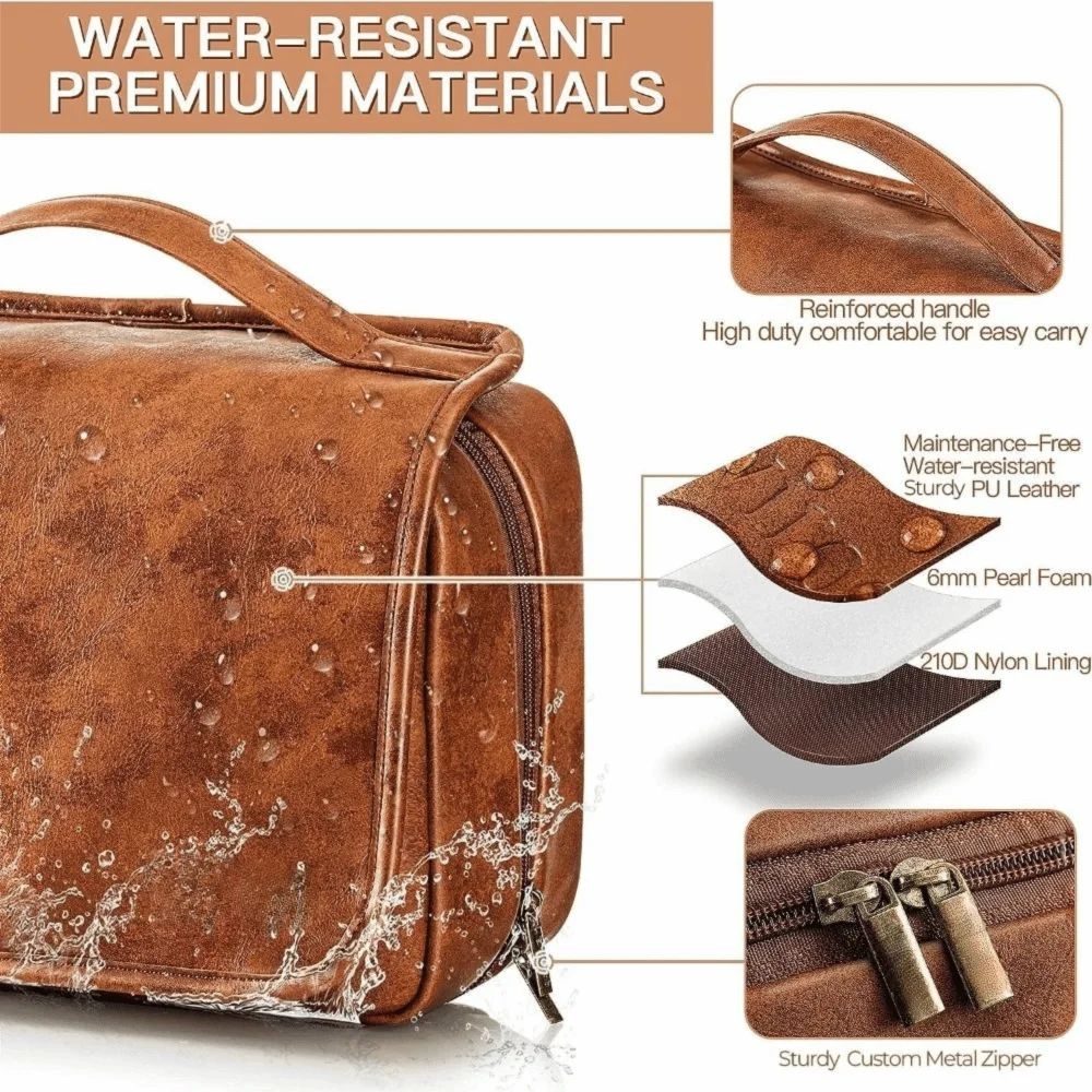 Multi-Pocket Makeup Bag Large Size Waterproof Design Hanging Toiletry Bag PU Leather 3-in-1 Dopp Kit Business Trip