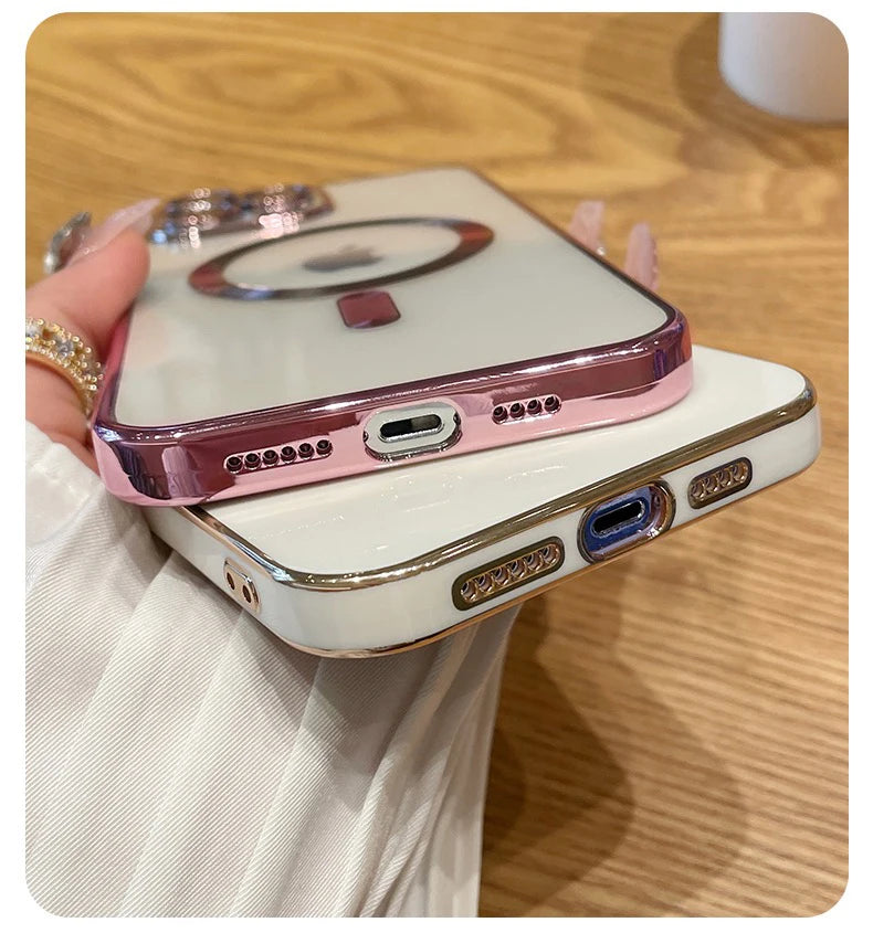 Magnetic Plating Case For iPhone 15 16 14 17 13 12 11 Pro Max Air Camera Lens Protector Glass For Magsafe Wireless Charger Cover
