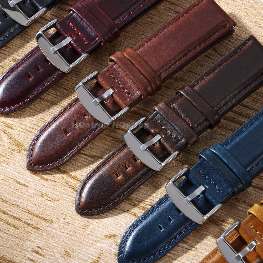 Retro Leather Watch Band 20mm 22mm 18mm 24mm 26mm for Seiko Smartwatch Bracelet Universal Wristband Quick Release Cowhide Strap