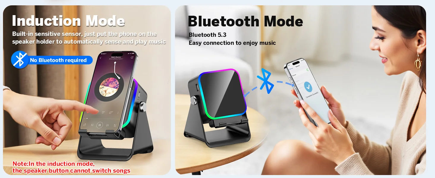 NEW 5 In 1 Auto-induction Wireless Induction Speaker 8 Mode RGB Light Phone Stand Surround Sound Portable Bluetooth Phone Holder