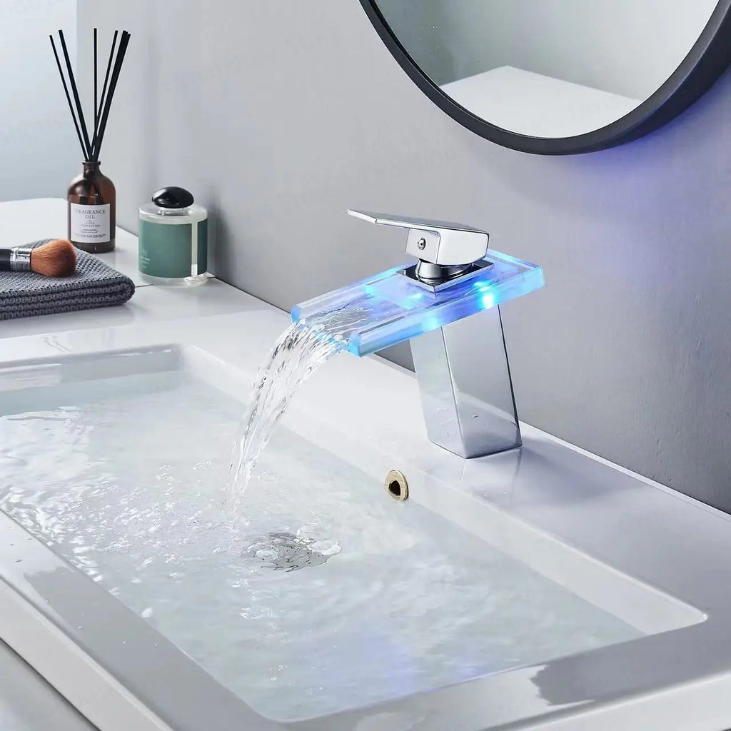 Luxury LED Color Changing Waterfall Basin Sink Faucet Led Light Polished Tap Basin Deck Mounted Sink Mixers 3 Colors Change