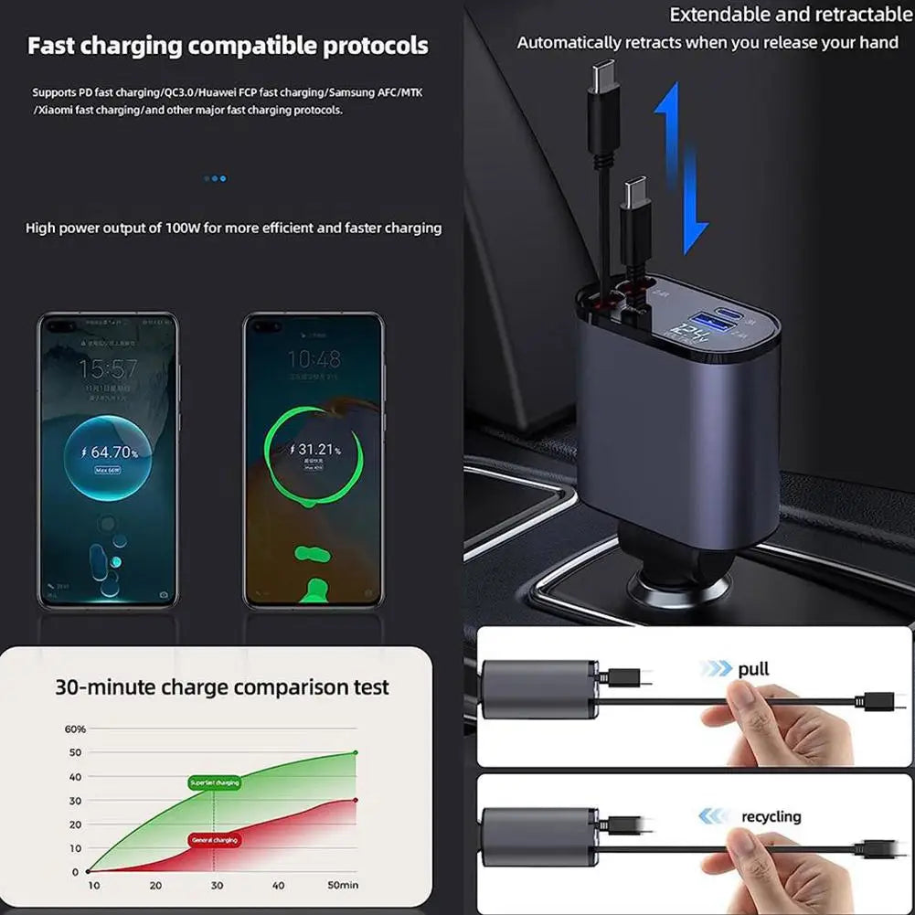 100W 4 IN 1 Retractable Car Charger USB Type C Cable For IPhone Fast Cord Cigarette Lighter Adapter X4W3