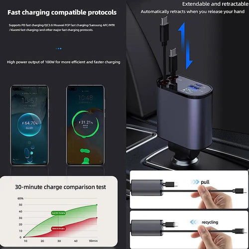 100W 4 IN 1 Retractable Car Charger USB Type C Cable For IPhone Fast Cord Cigarette Lighter Adapter X4W3