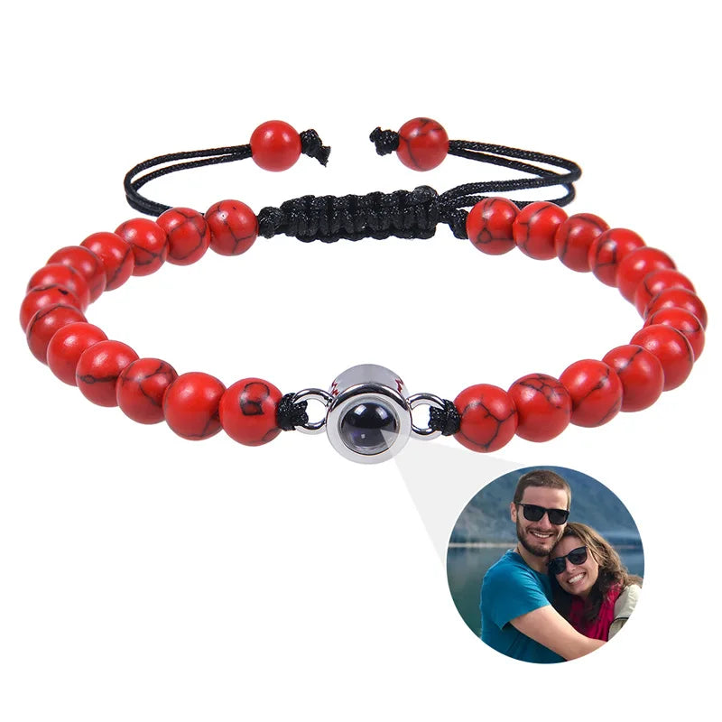 6mm Natrual Stone Custom Photo Projection Bracelet Personalized Beads Bracelets For Women Men Couples Anniversary Jewelry Gift
