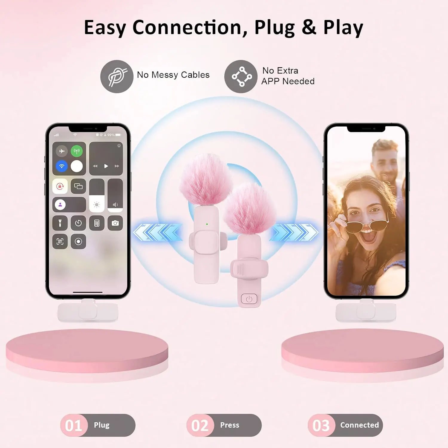 Pink &White K60 Wireless Lavalier Microphone for Smartphone,Clip On Lapel Mic Plug-Play Microphone for Video/Audio Recording