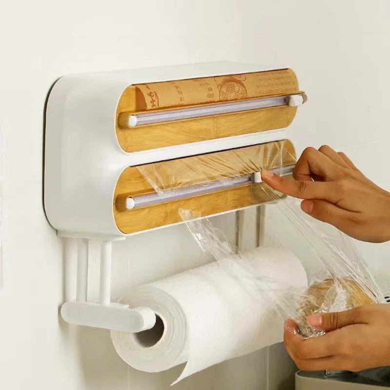 Large Food Cling Film Dispenser 4 In 1 Wall-Mounted Plastic Wrap Cutter Aluminium Foil Dispenser Kitchen Accessories Organizer