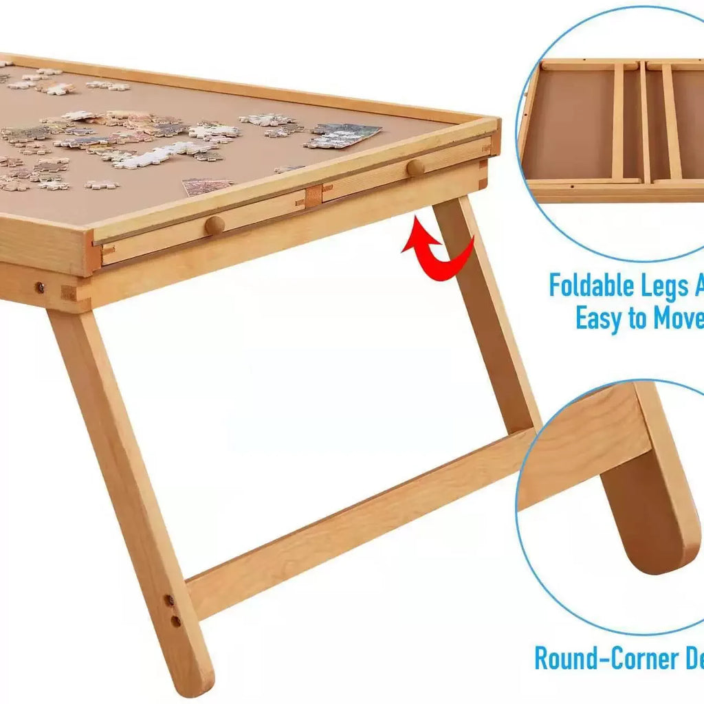Wooden Puzzle Table Portable Folding Tilt Table with Easel Overall Adjustable Puzzle Storage Table