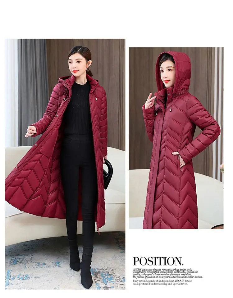 2025 NEW Winter Hooded Down Jacket 5XL Women's Warm Parka Fashion Down Cotton Women Long Coat Slim Temperament Female Overcoat