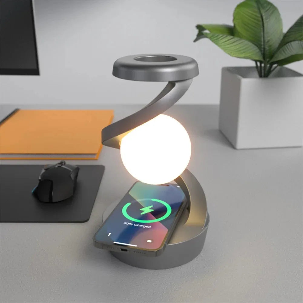 LED Moon Mood Light Suspended Rotating RGB Atmosphere Desk Lamp with Wireless Mobile Charging Bedroom Game Room Decorative Light